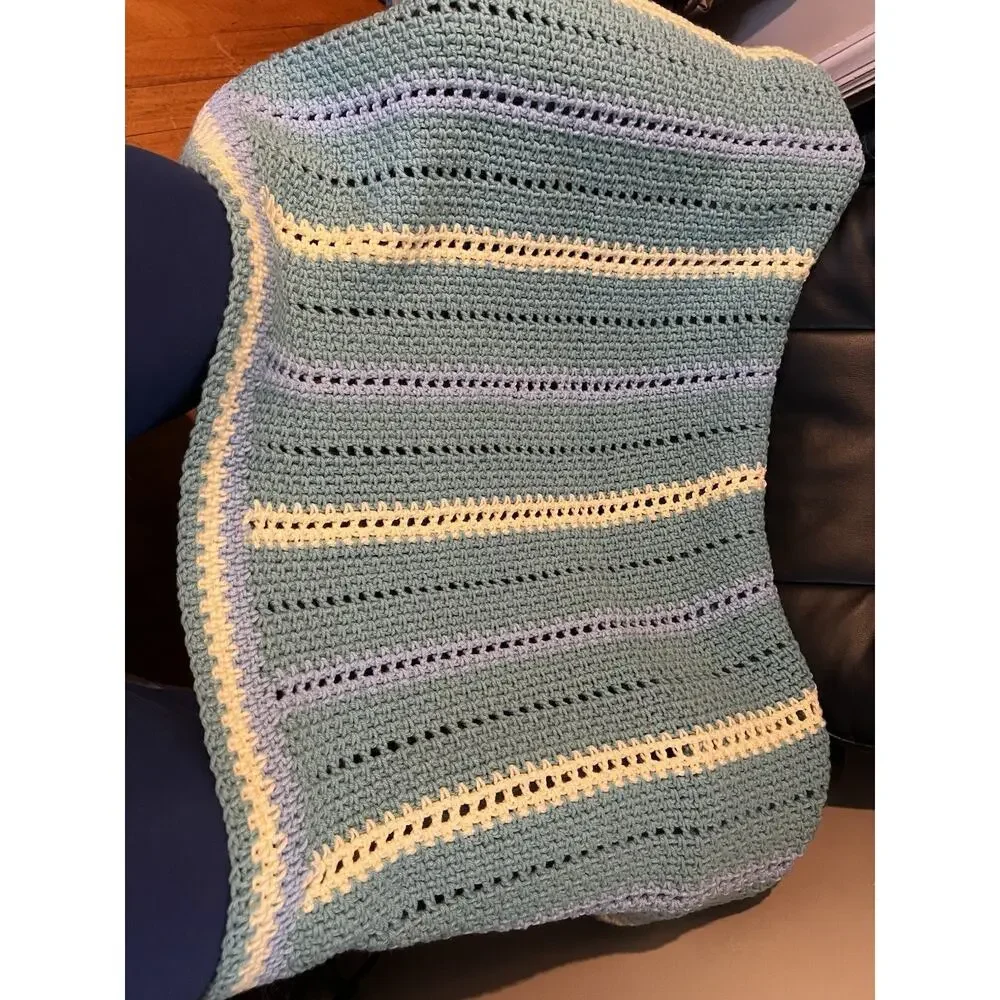 Vintage Hand Crochet Green, Yellow, Periwinkle Throw Blanket Rectangle 34x49